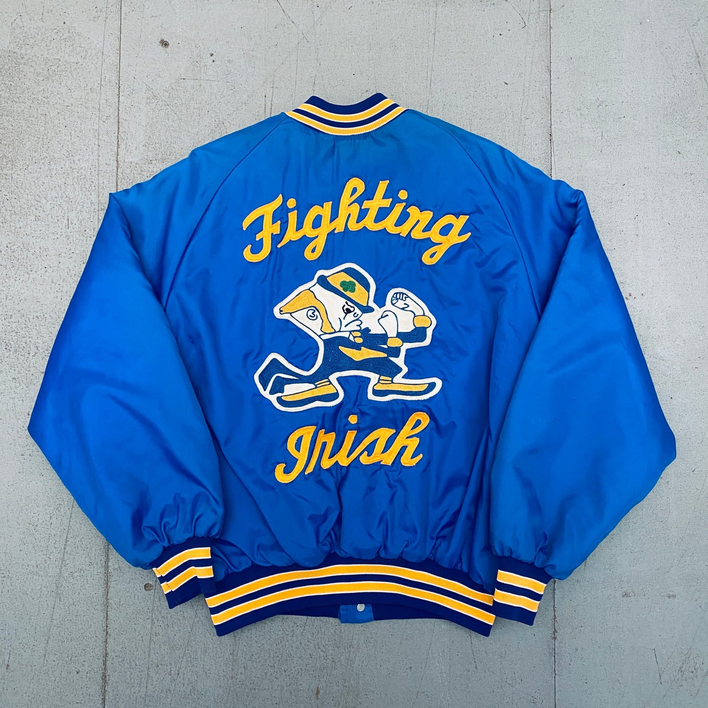 Notre Dame Fighting Irish: 1980's Reverse Stitched Spellout Satin Bomber Jacket (L/XL)