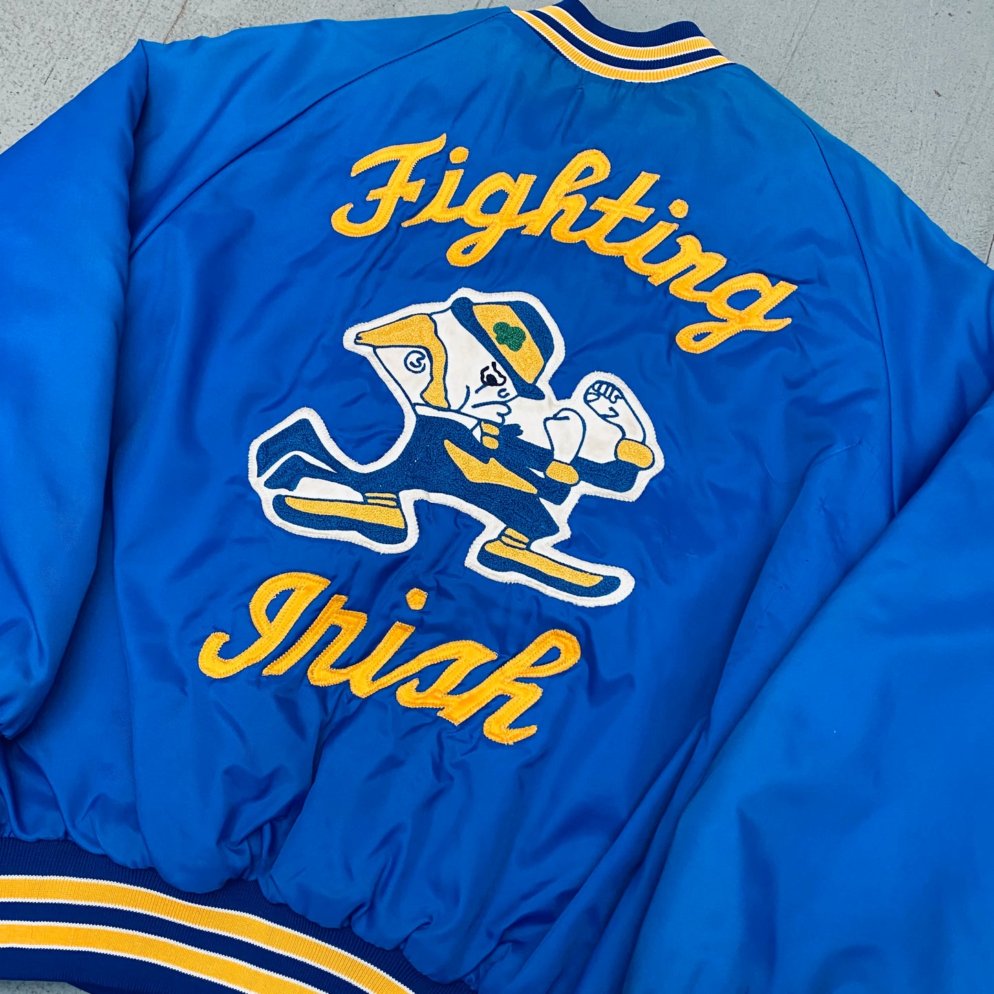 Notre Dame Fighting Irish: 1980's Reverse Stitched Spellout Satin Bomber Jacket (L/XL)