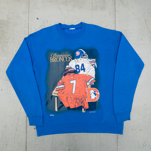 Denver Broncos: 1994 Nutmeg Mills Embroidered Spellout Lockeroom Sweat (L)