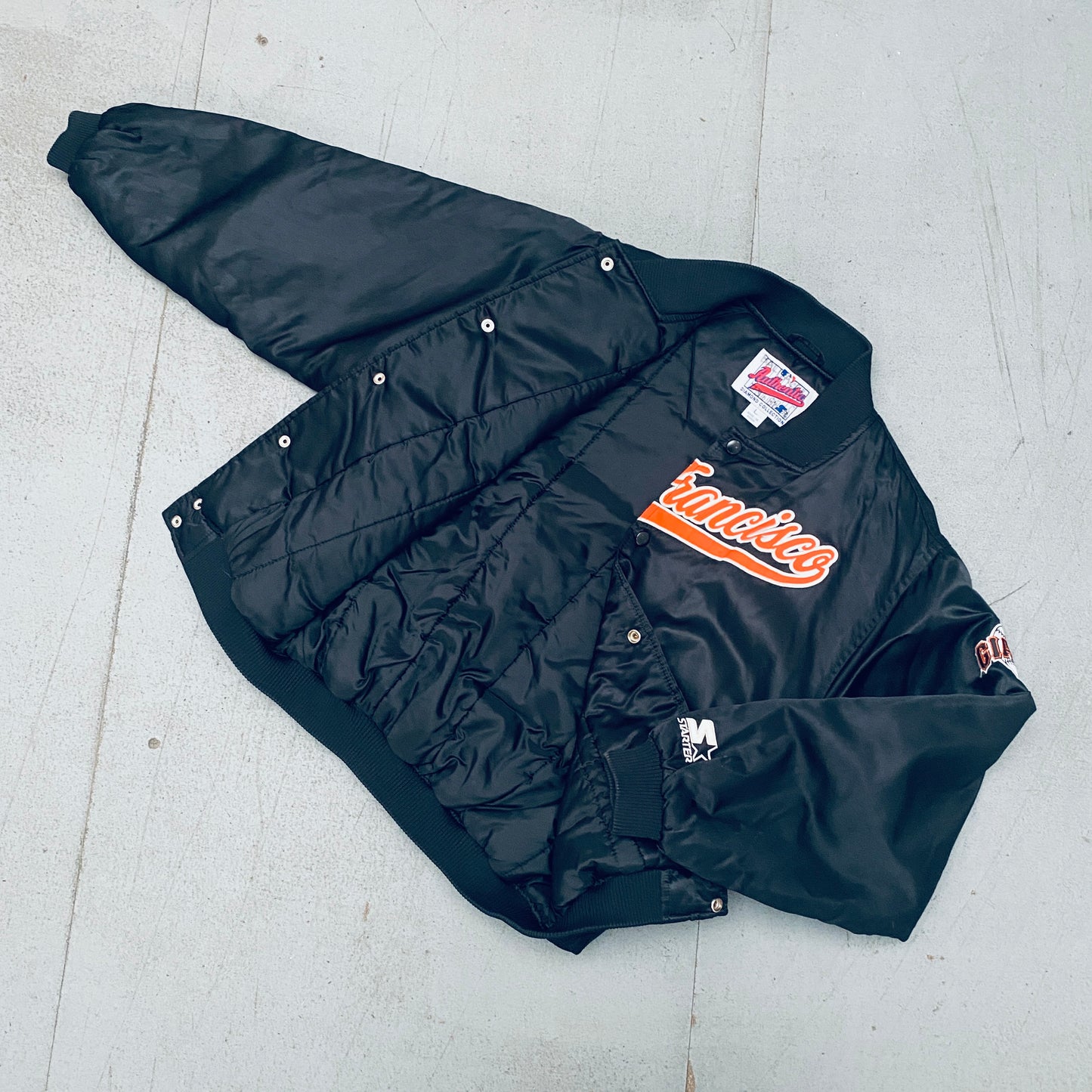 San Francisco Giants: 1990's Satin Stitched Script Spellout Diamond Collection Starter Bomber Jacket (S)