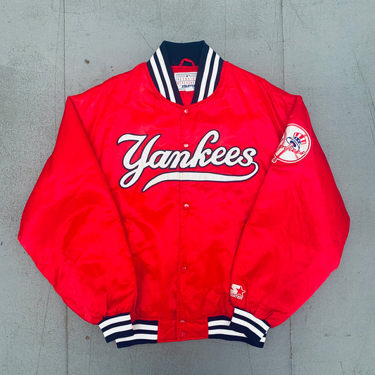 New York Yankees: 1990's Satin Stitched Spellout Red Starter Bomber Jacket (XL)