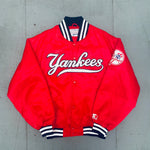 New York Yankees: 1990's Satin Stitched Spellout Red Starter Bomber Jacket (XL)