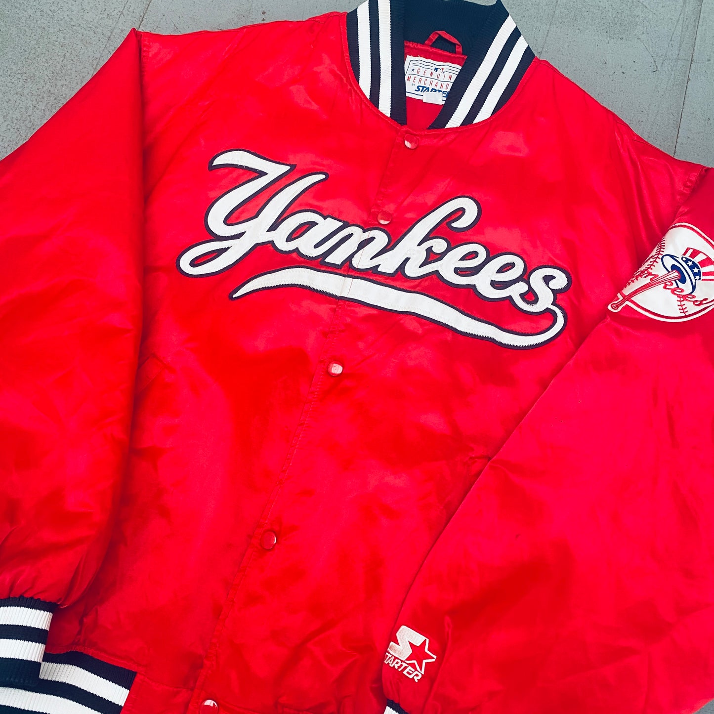 New York Yankees: 1990's Satin Stitched Spellout Red Starter Bomber Jacket (XL)