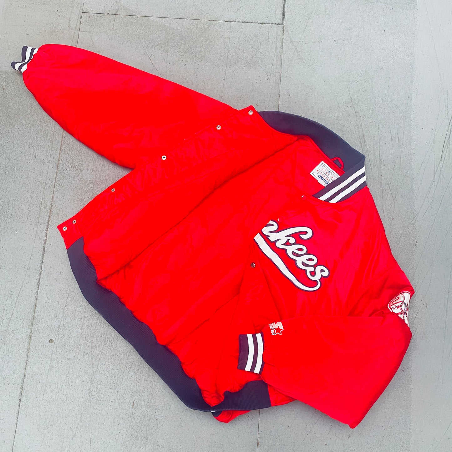 New York Yankees: 1990's Satin Stitched Spellout Red Starter Bomber Jacket (XL)