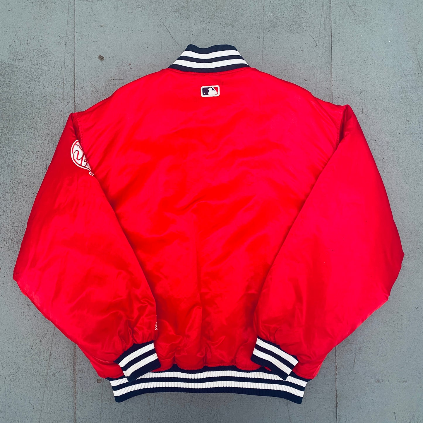 New York Yankees: 1990's Satin Stitched Spellout Red Starter Bomber Jacket (XL)