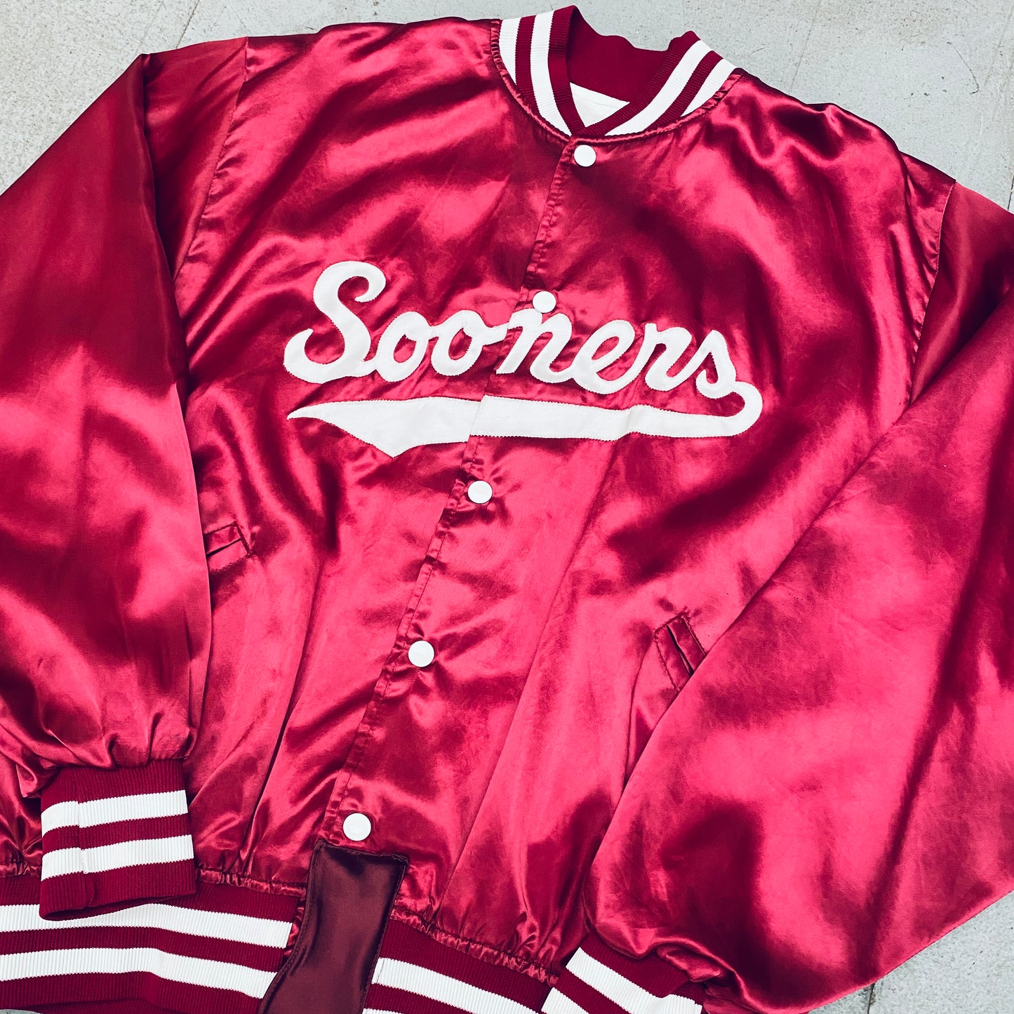 Oklahoma Sooners: 1980's Satin Stitched Spellout Bomber Jacket (L)