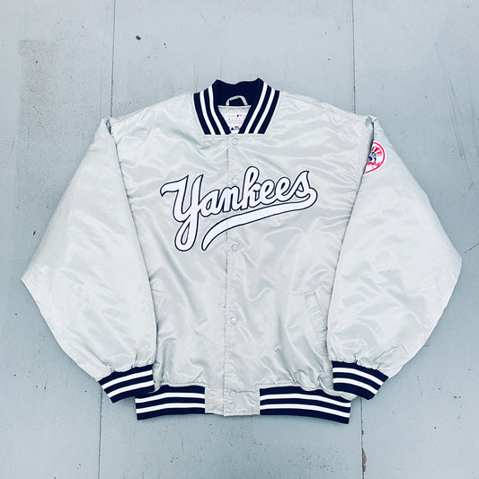 New York Yankees: 2000's Majestic Satin Silver Stitched Spellout Bomber Jacket (XXL)