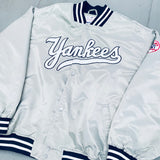 New York Yankees: 2000's Majestic Satin Silver Stitched Spellout Bomber Jacket (XXL)