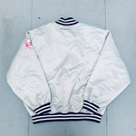 New York Yankees: 2000's Majestic Satin Silver Stitched Spellout Bomber Jacket (XXL)