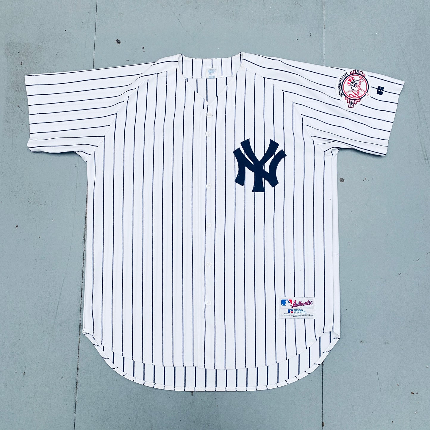 New York Yankees: Jason Giambi 2003 White Pinstripe Russell Athletic Stitched Jersey w/ 100th Anniversary Patch (L/XL)