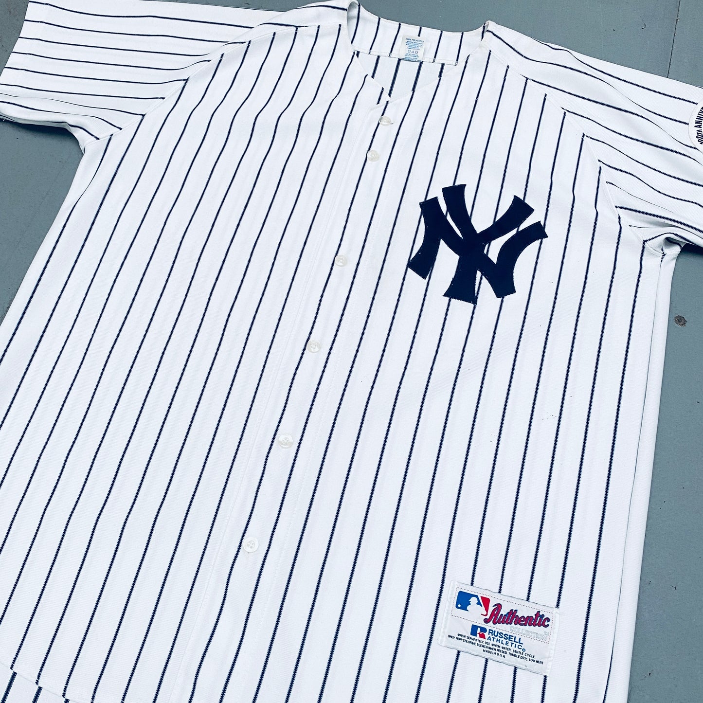 New York Yankees: Jason Giambi 2003 White Pinstripe Russell Athletic Stitched Jersey w/ 100th Anniversary Patch (L/XL)