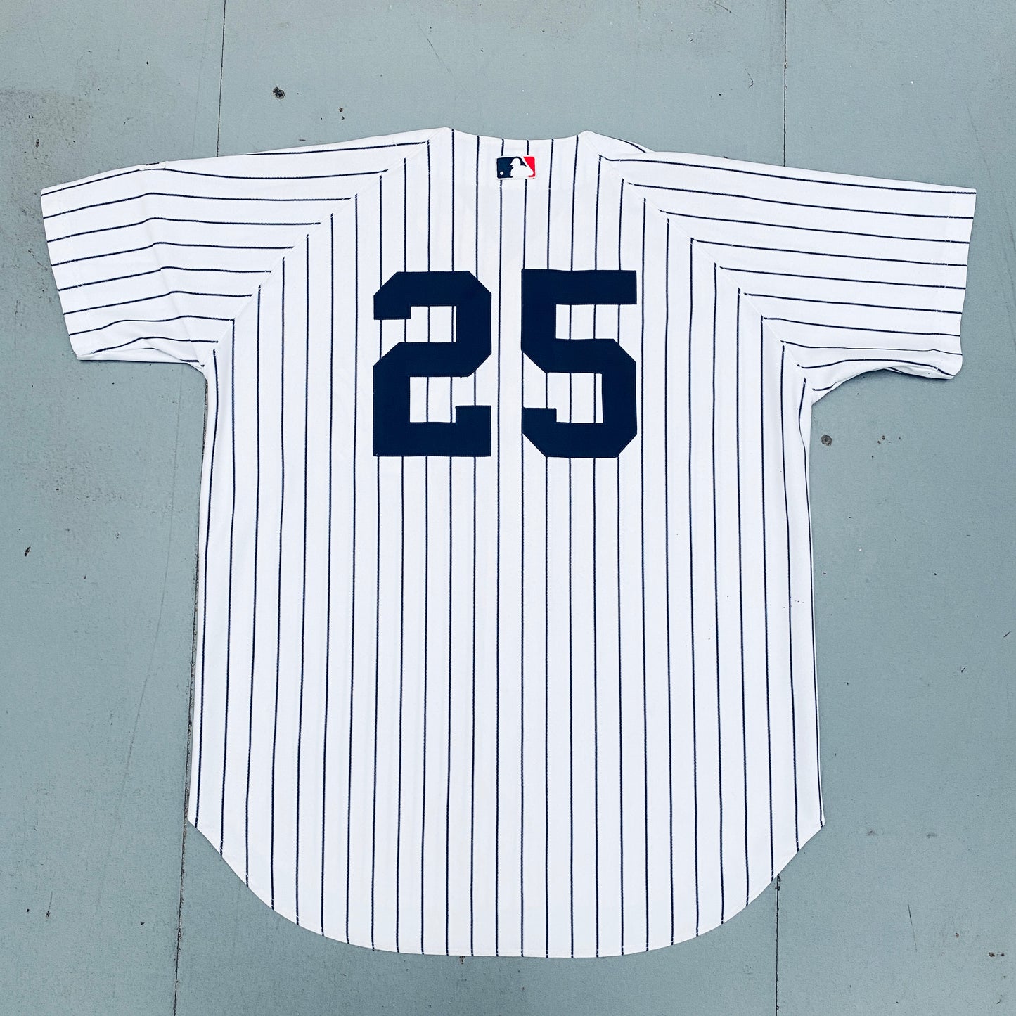 New York Yankees: Jason Giambi 2003 White Pinstripe Russell Athletic Stitched Jersey w/ 100th Anniversary Patch (L/XL)