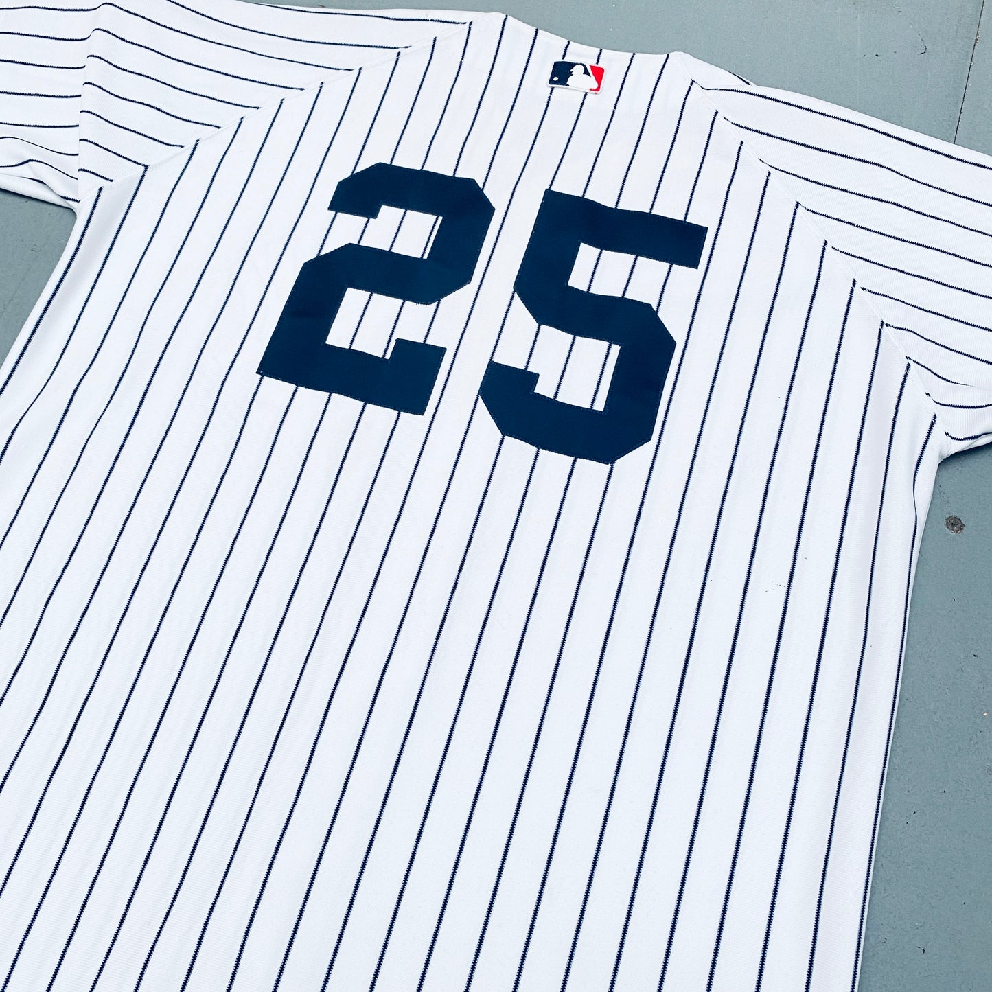 New York Yankees: Jason Giambi 2003 White Pinstripe Russell Athletic Stitched Jersey w/ 100th Anniversary Patch (L/XL)