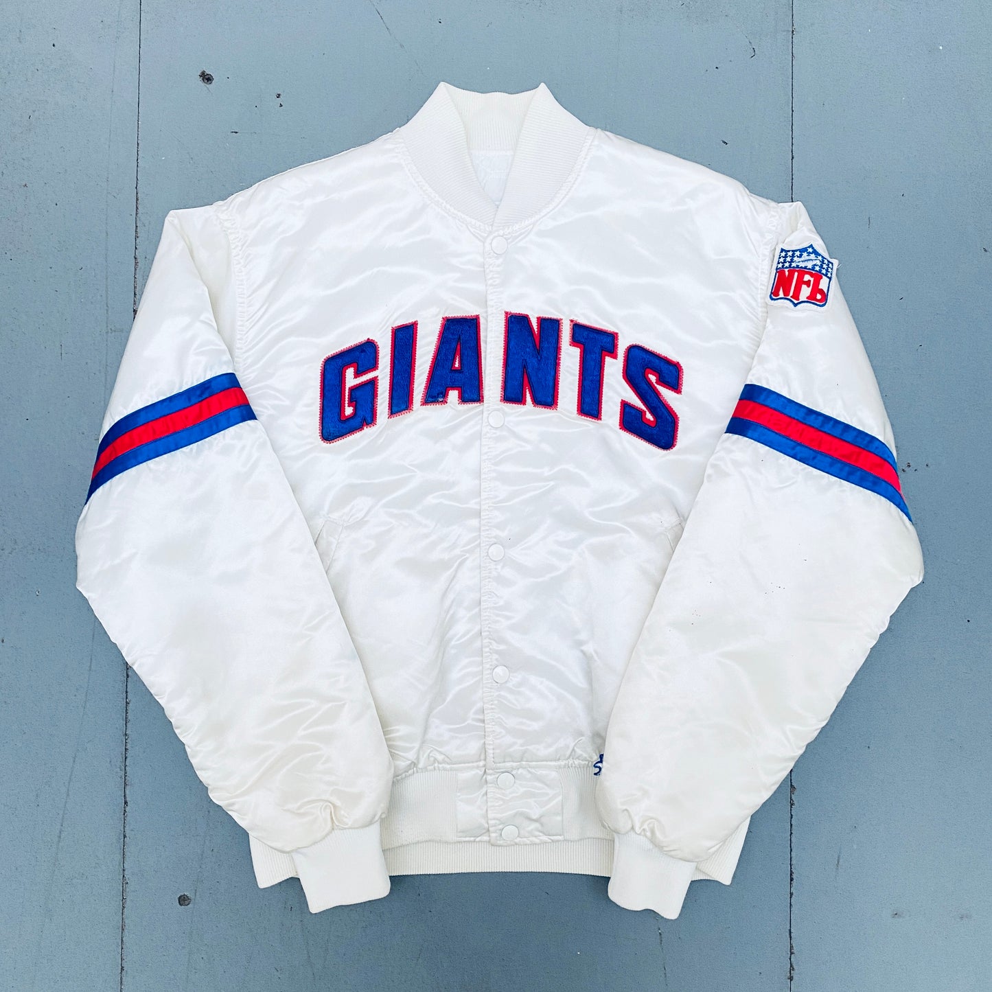 New York Giants: 1980's Satin White Spellout Starter Bomber Jacket (L)