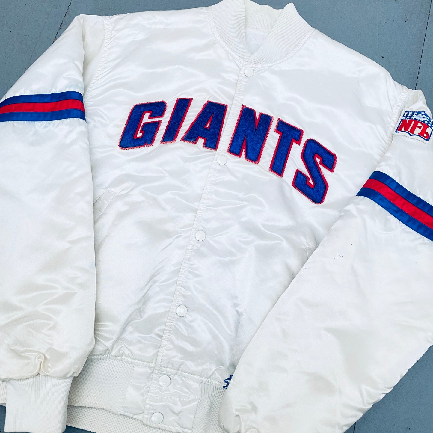 New York Giants: 1980's Satin White Spellout Starter Bomber Jacket (L)