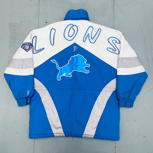 Detroit Lions: 1994 Pro Player HUGE Graffiti Spellout Fullzip Trench Coat w/ 75th Anniversary Patch (L)