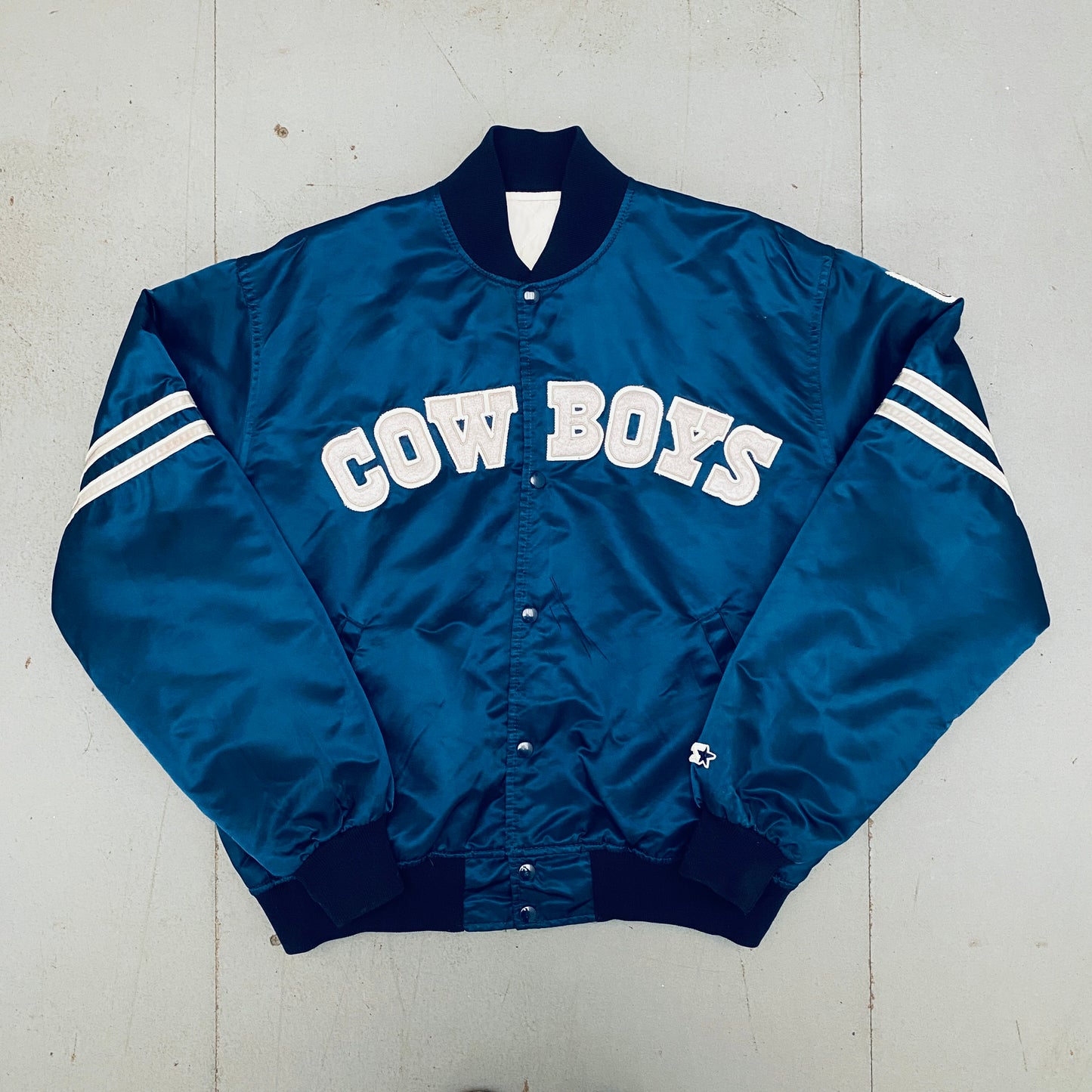 Dallas Cowboys: 1980's Satin Stitched Spellout Proline Starter Bomber Jacket (XL/XXL)