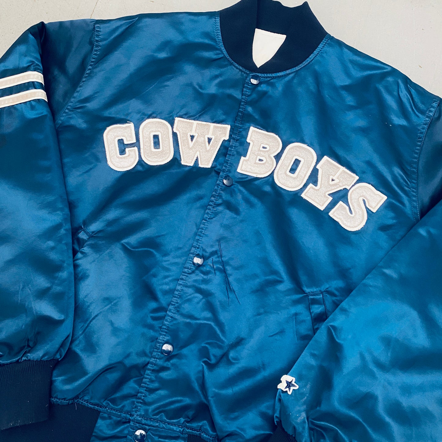 Dallas Cowboys: 1980's Satin Stitched Spellout Proline Starter Bomber Jacket (XL/XXL)