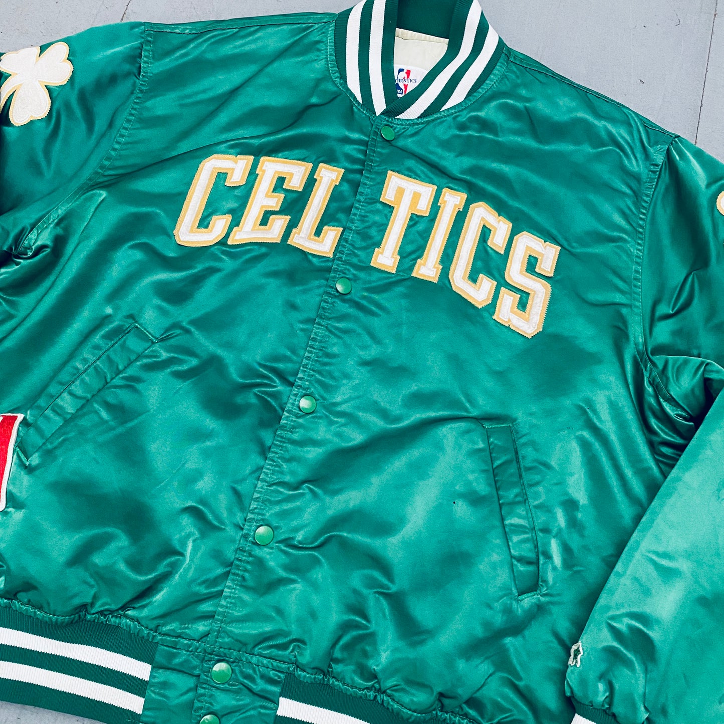 Boston Celtics: 1980's Satin Stitched Spellout NBA Authentics Starter Bomber Jacket (XL)