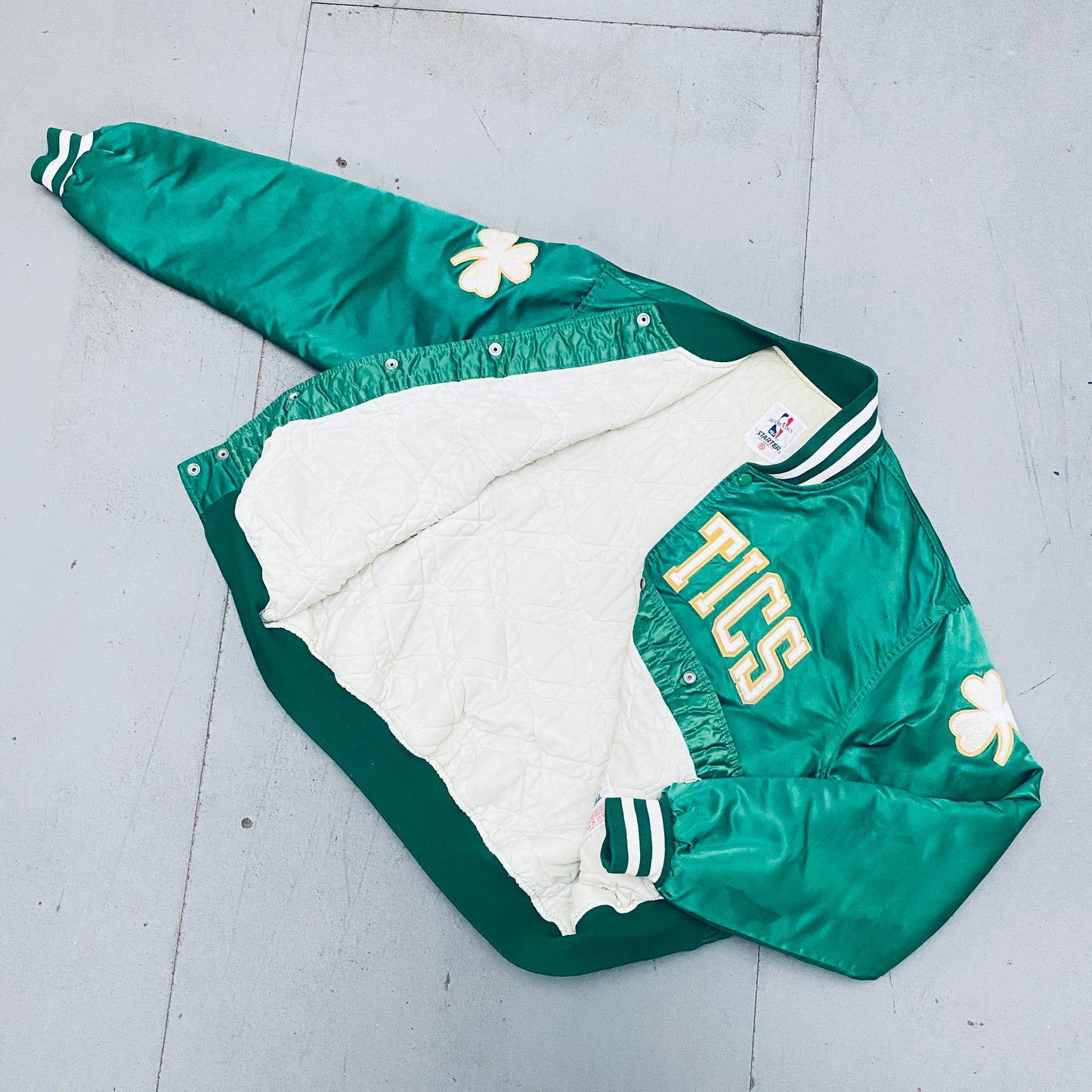 Boston Celtics: 1980's Satin Stitched Spellout NBA Authentics Starter Bomber Jacket (XL)