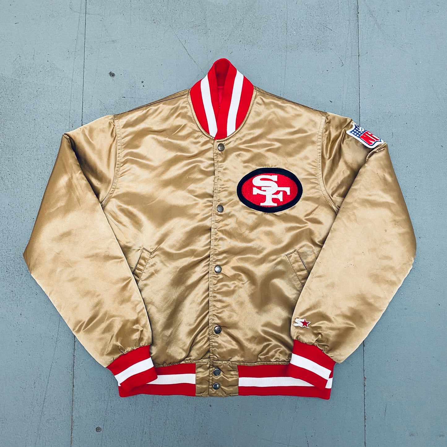 San Francisco 49ers: 1980's Satin Stitched Reverse Spellout Proline Starter Bomber Jacket (M)