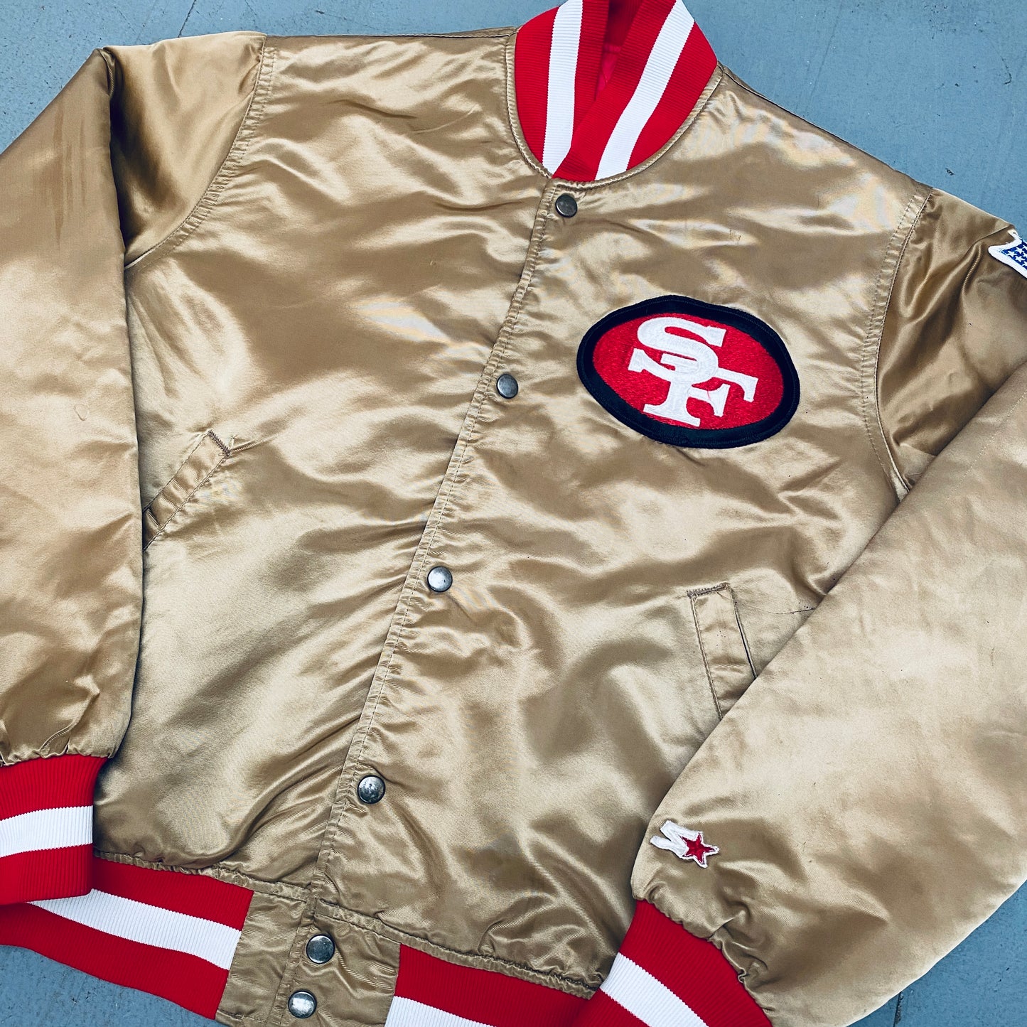 San Francisco 49ers: 1980's Satin Stitched Reverse Spellout Proline Starter Bomber Jacket (M)