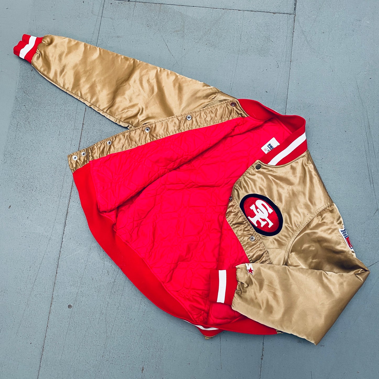 San Francisco 49ers: 1980's Satin Stitched Reverse Spellout Proline Starter Bomber Jacket (M)