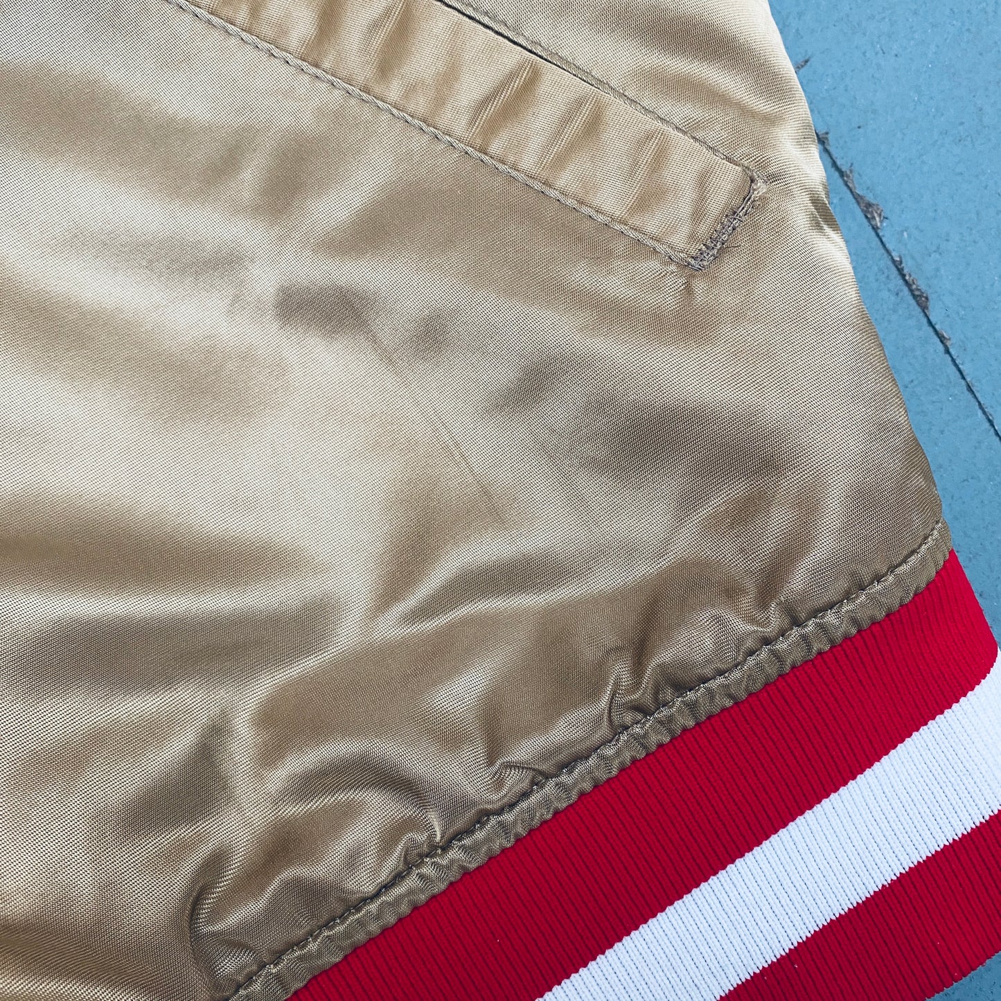 San Francisco 49ers: 1980's Satin Stitched Reverse Spellout Proline Starter Bomber Jacket (M)