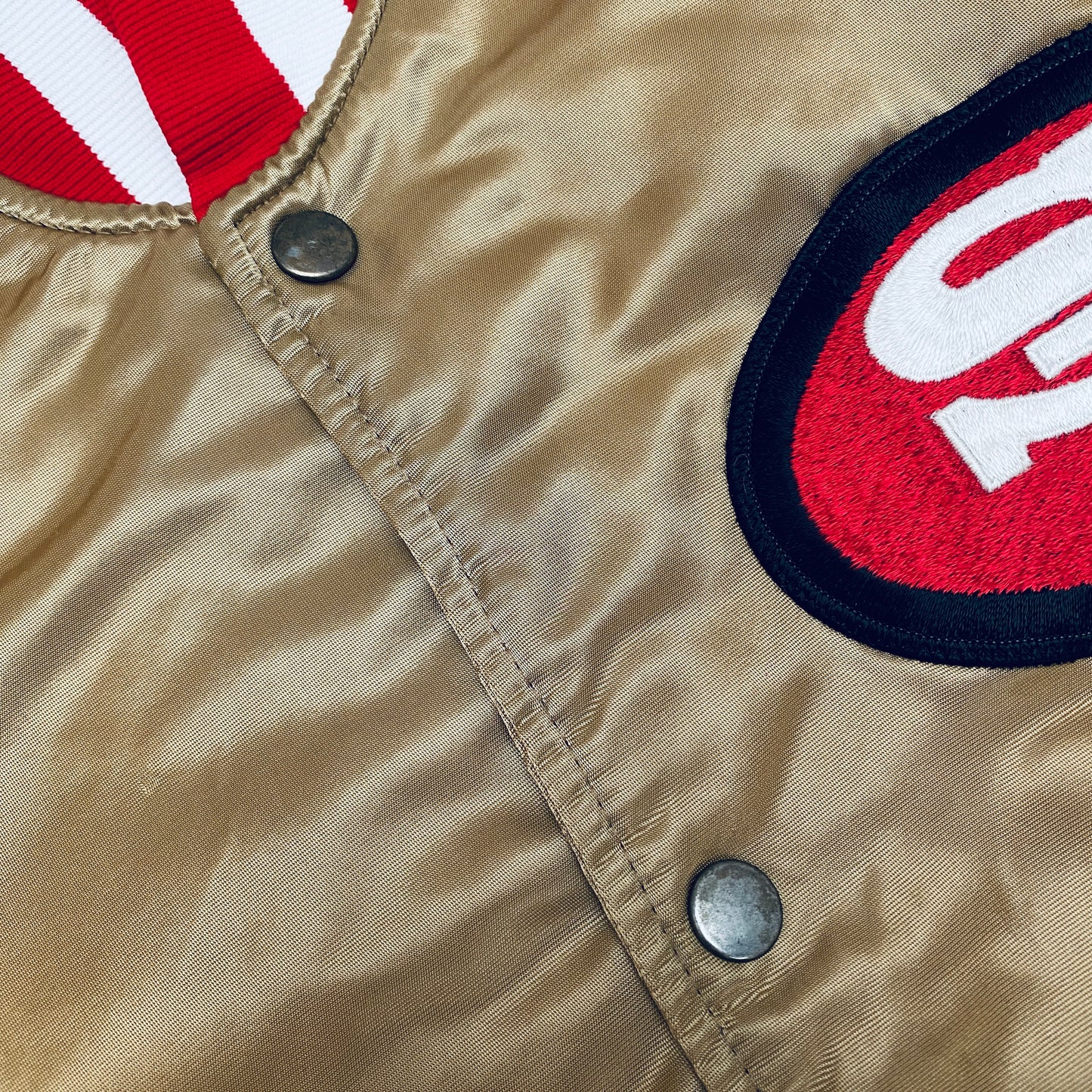 San Francisco 49ers: 1980's Satin Stitched Reverse Spellout Proline Starter Bomber Jacket (M)