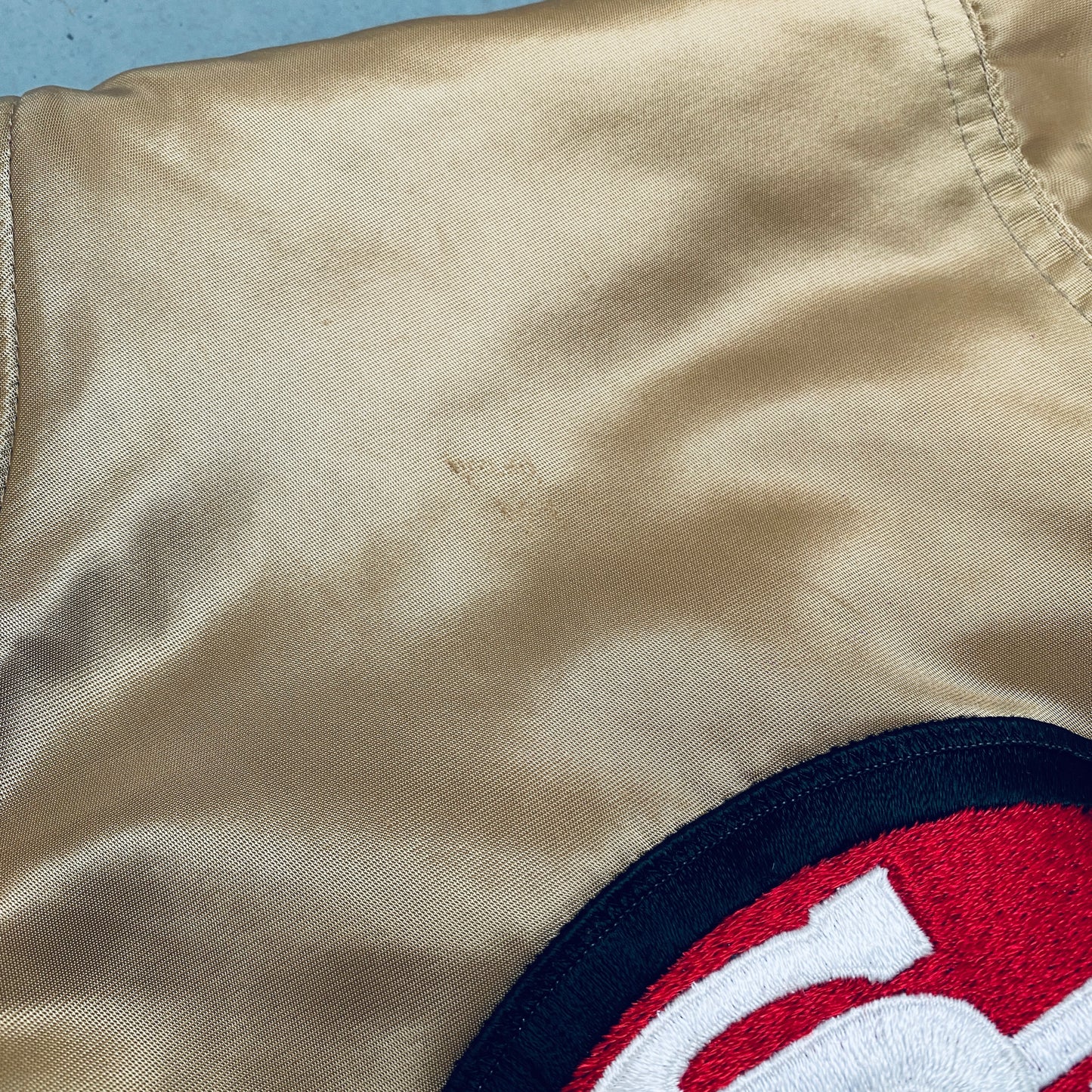 San Francisco 49ers: 1980's Satin Stitched Reverse Spellout Proline Starter Bomber Jacket (M)