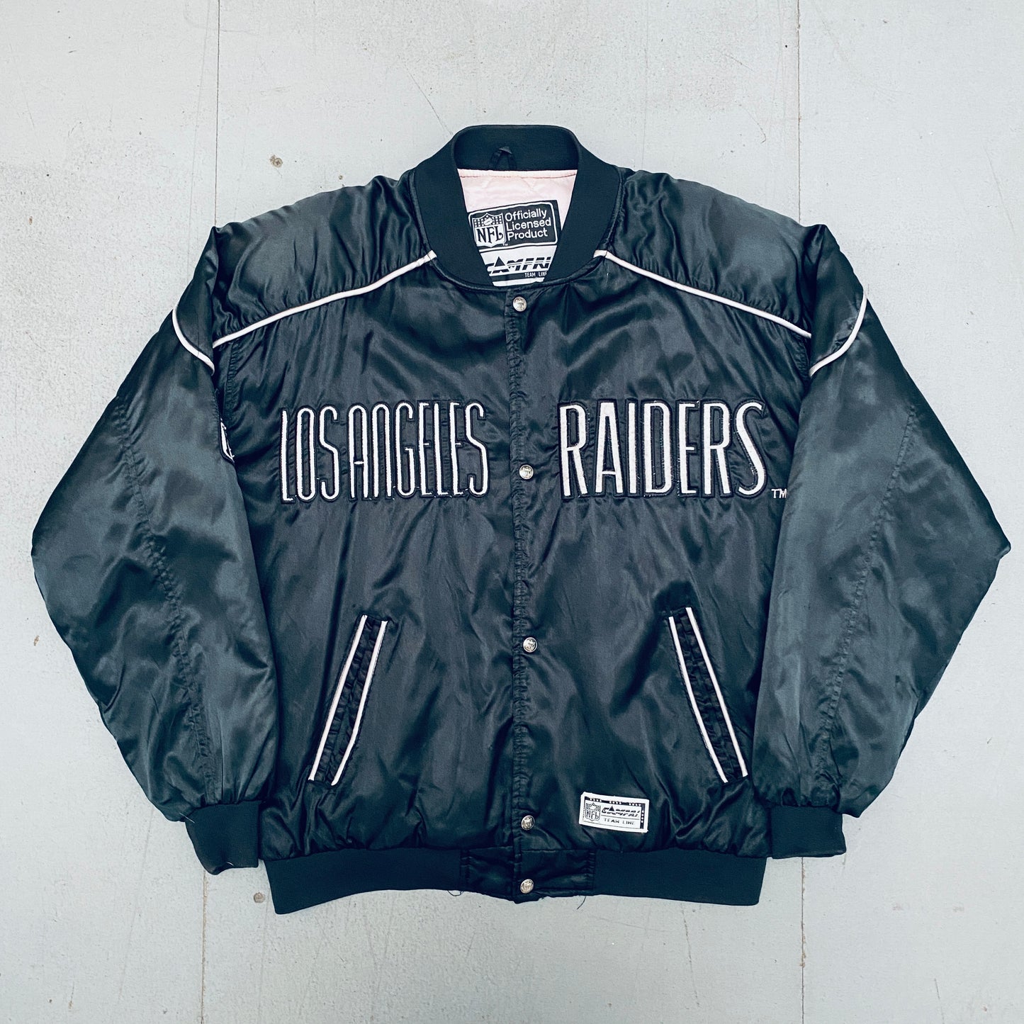 Los Angeles Raiders: 1990's Campri Satin Embroidered Spellout Bomber Jacket (XL)