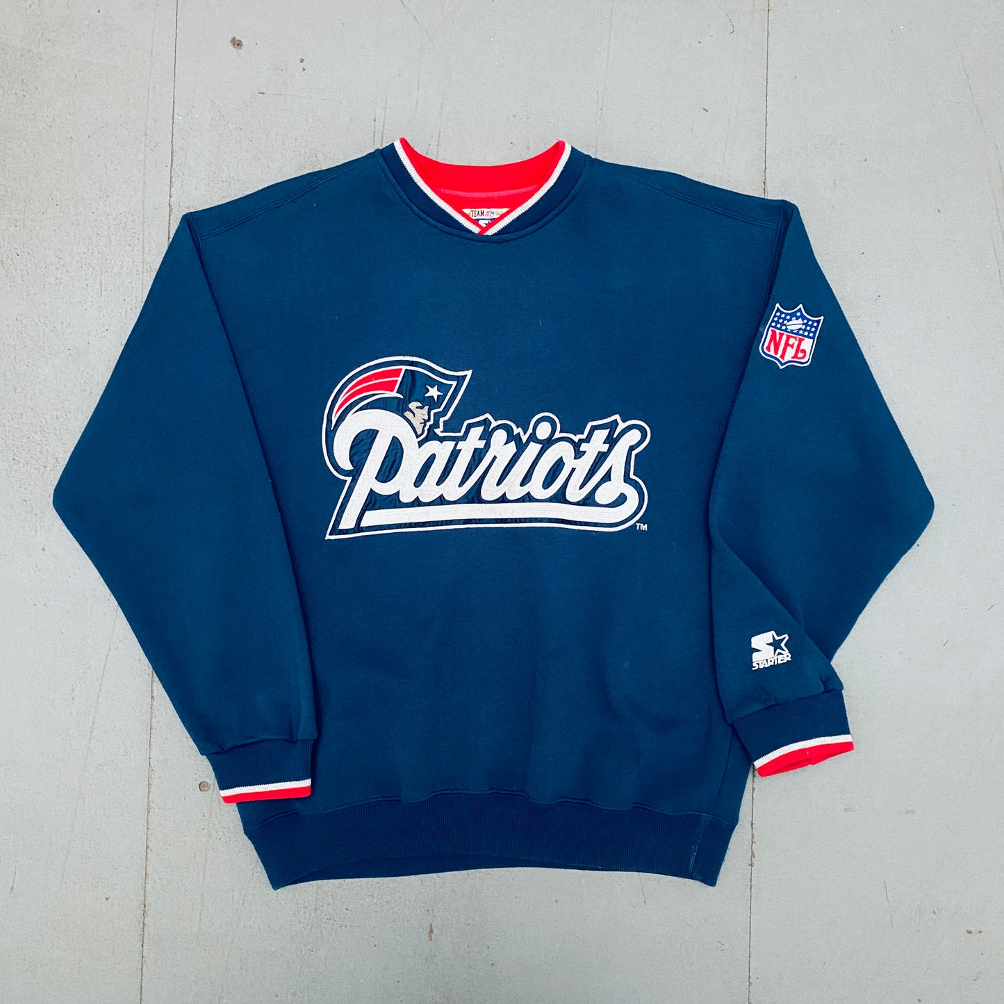 New England Patriots: 1990's Embroidered Wordmark Spellout Starter Sweat (L)