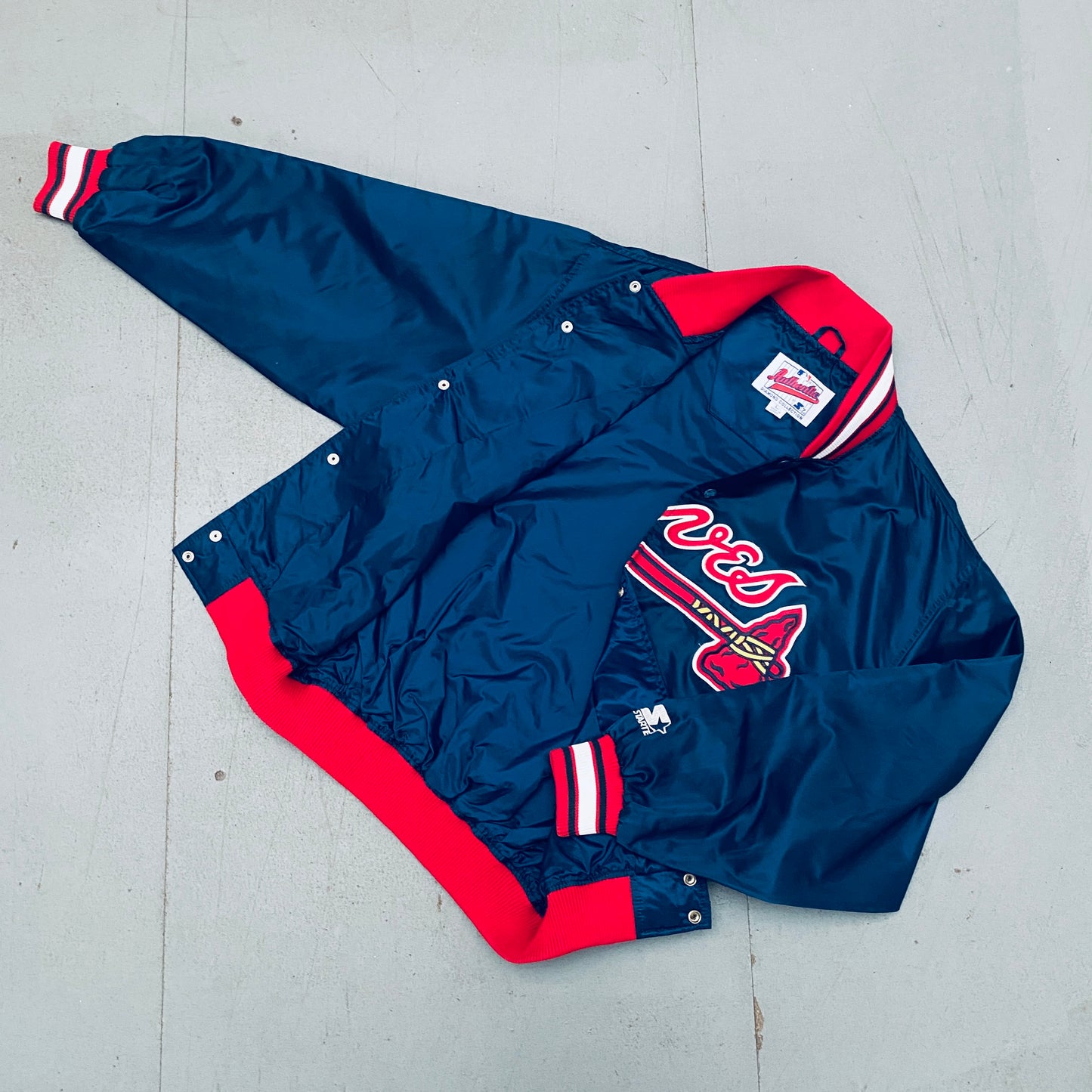 Atlanta Braves: 1990's Satin Stitched Spellout Diamond Collection Lightweight Starter Bomber Jacket (L/XL)