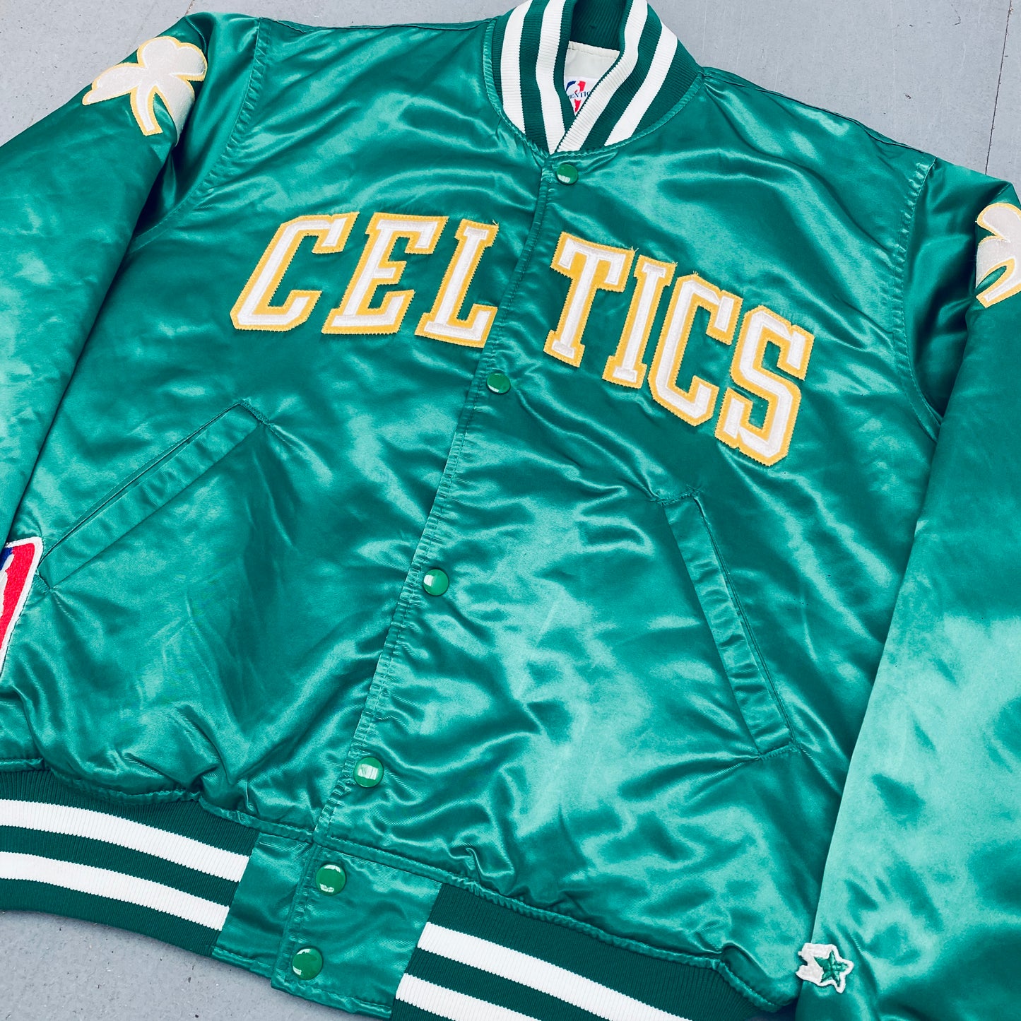 Boston Celtics: 1980's Satin Stitched Spellout NBA Authentics Starter Bomber Jacket (M)