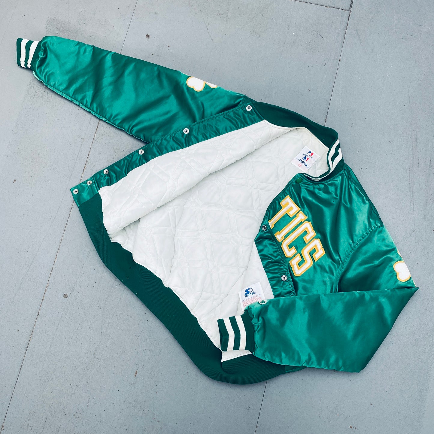 Boston Celtics: 1980's Satin Stitched Spellout NBA Authentics Starter Bomber Jacket (M)