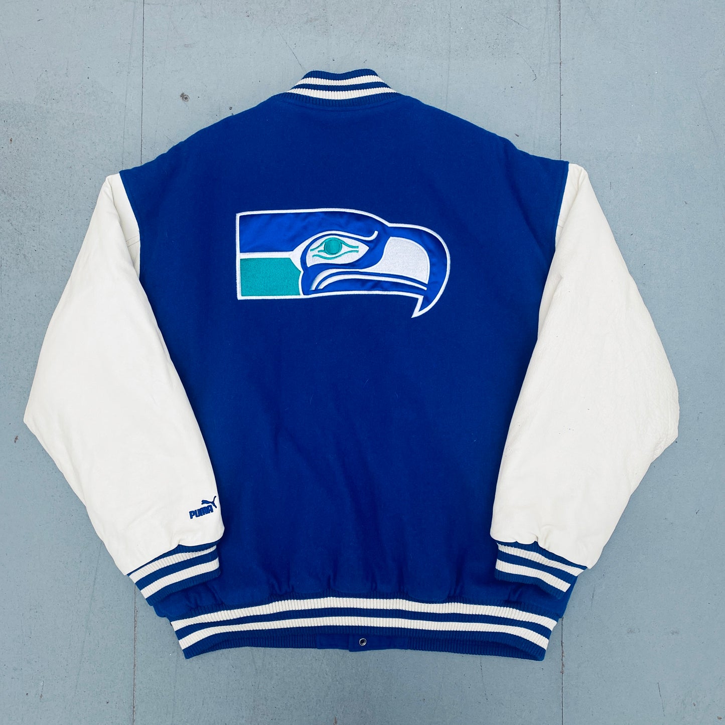 Seattle Seahawks: 1990's Puma Leather Sleeve Woollen Varsity Jacket (XL)