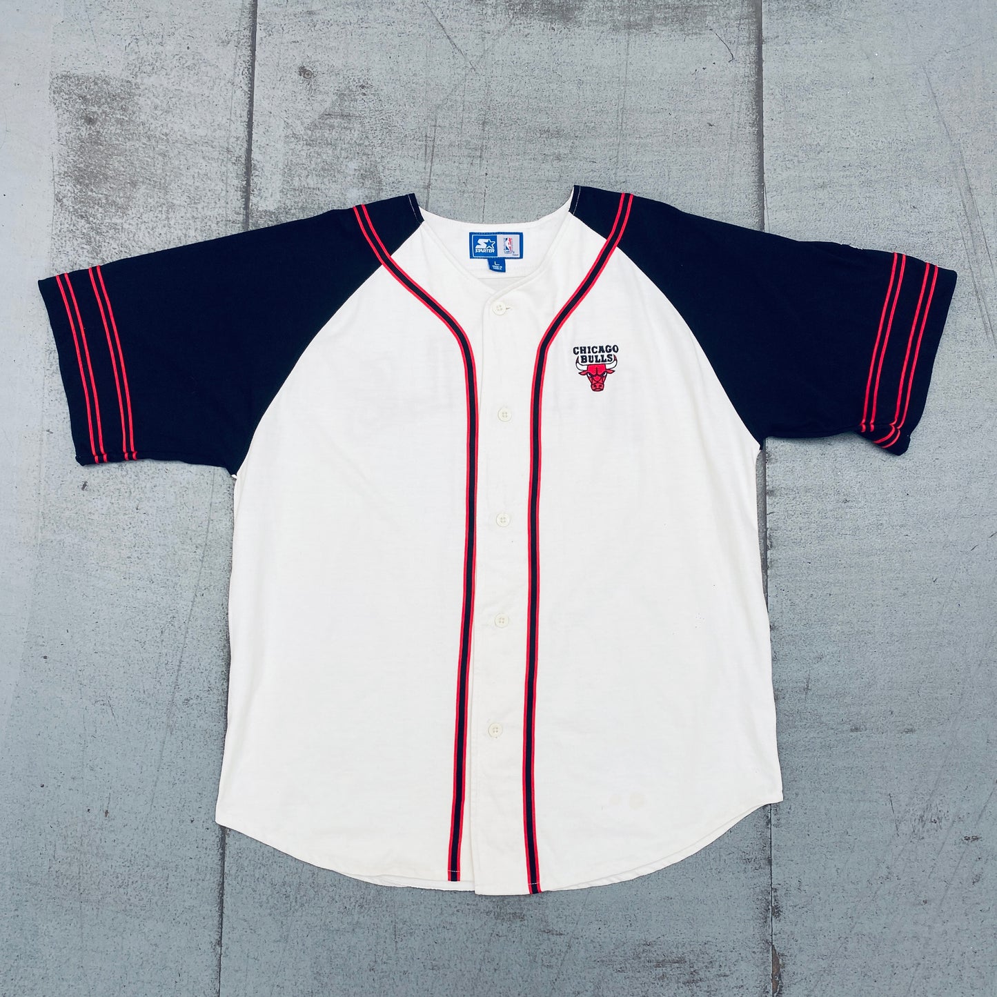 Chicago Bulls: 1990's Reverse Stitched Spellout Starter Baseball Jersey (L/XL)