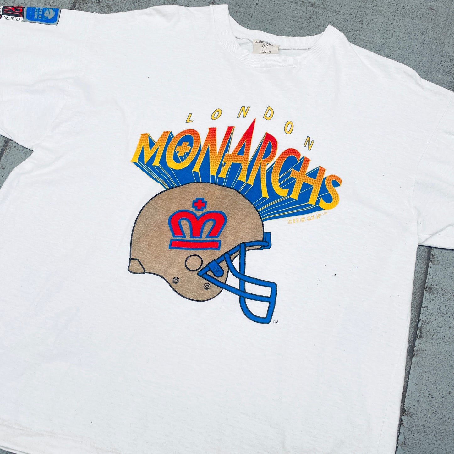 WLAF: London Monarchs 1991 Campri Graphic Spellout Tee (L)