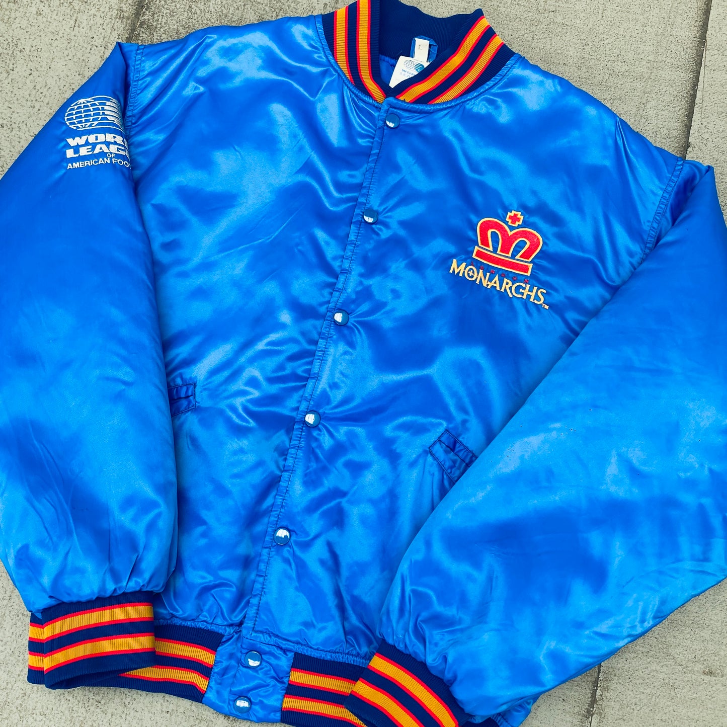 WLAF: London Monarchs 1992 Satin Reverse Embroidered Spellout Bomber Jacket (L)