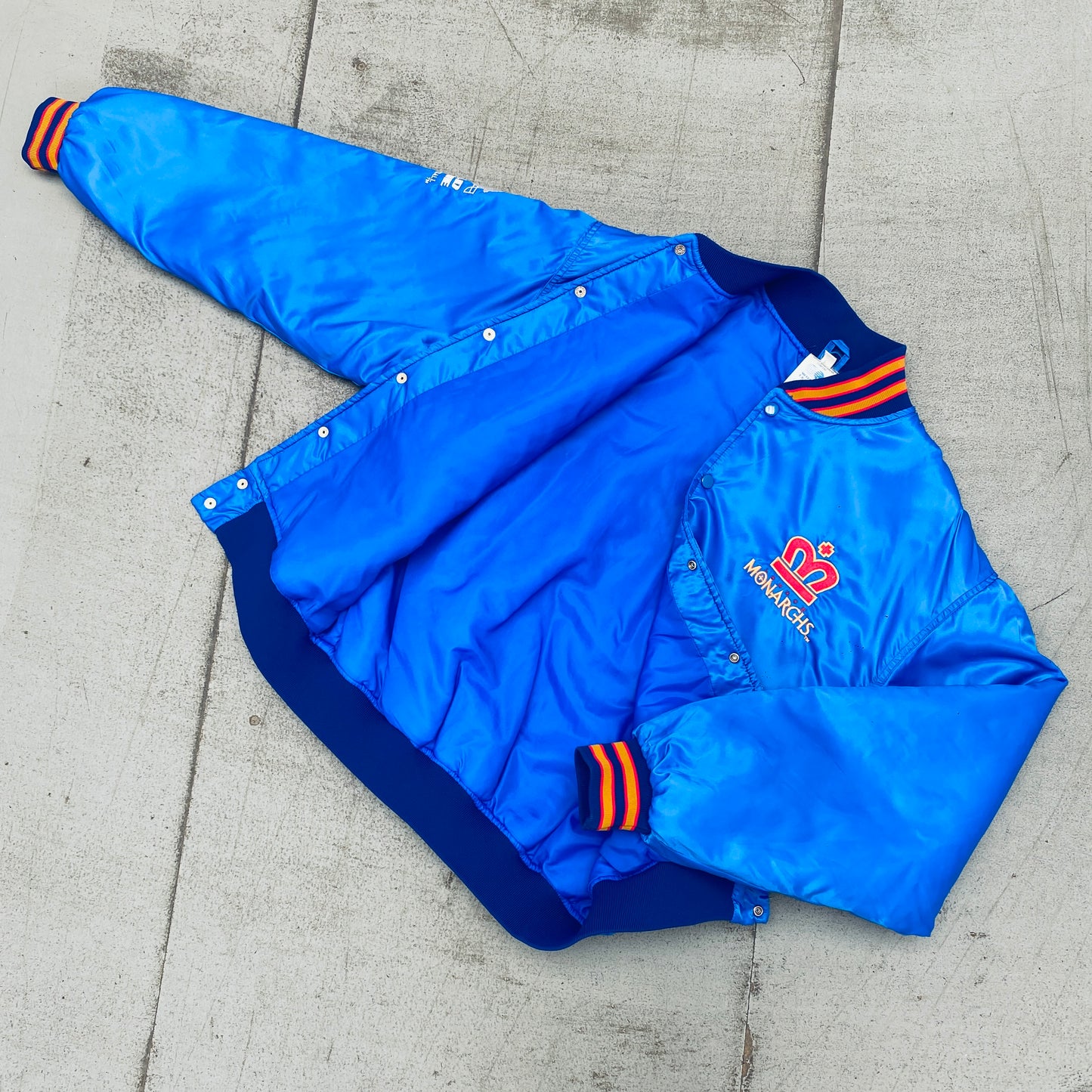 WLAF: London Monarchs 1992 Satin Reverse Embroidered Spellout Bomber Jacket (L)