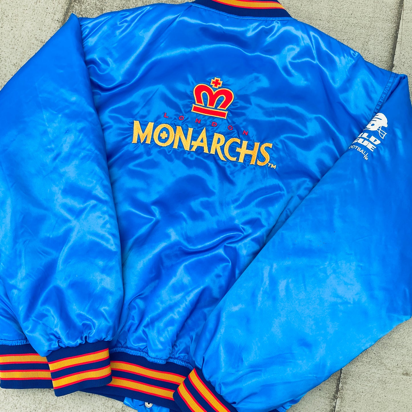 WLAF: London Monarchs 1992 Satin Reverse Embroidered Spellout Bomber Jacket (L)