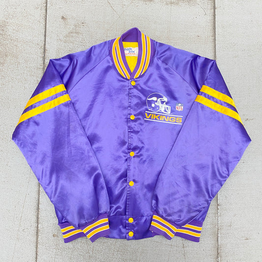 Minnesota Vikings: 1980's Chalk Line Satin Reverse Spellout Bomber Jacket (L)