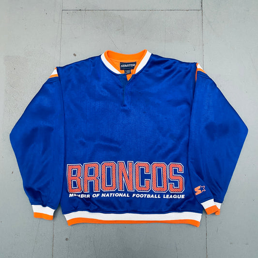 Denver Broncos: 1980's Button up Graphic Spellout Starter Sweat (L)