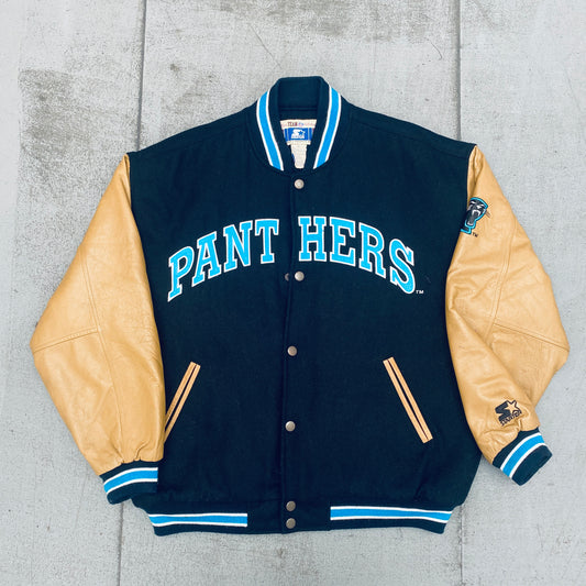 Carolina Panthers: 1990's Leather Sleeve Woollen Spellout Starter Varsity Jacket (XL)