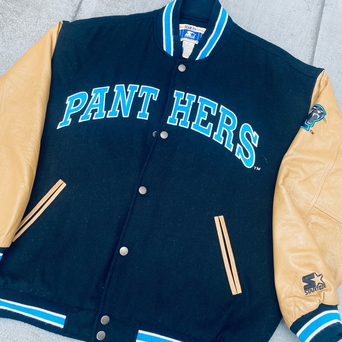 Carolina Panthers: 1990's Leather Sleeve Woollen Spellout Starter Varsity Jacket (XL)