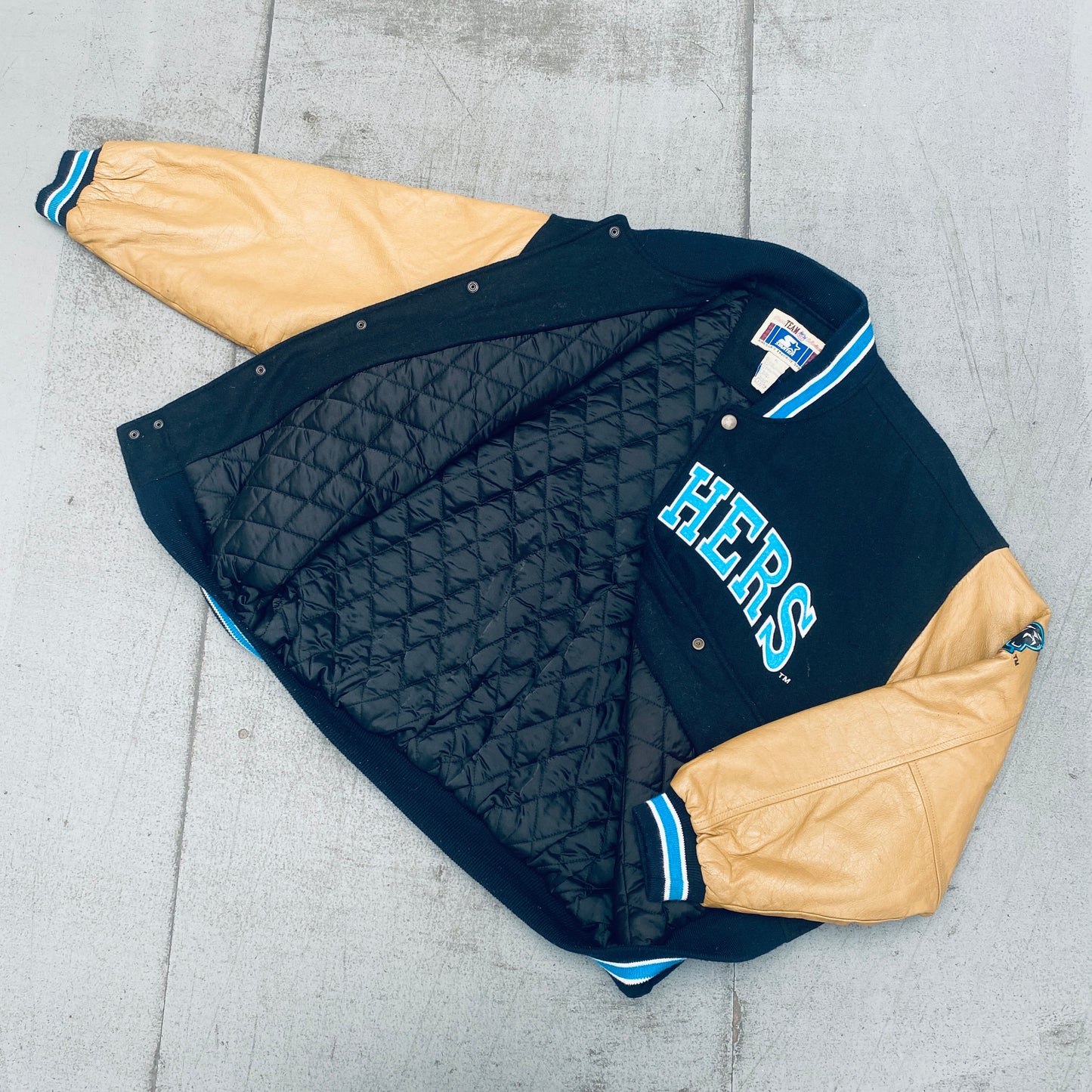 Carolina Panthers: 1990's Leather Sleeve Woollen Spellout Starter Varsity Jacket (XL)