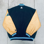 Carolina Panthers: 1990's Leather Sleeve Woollen Spellout Starter Varsity Jacket (XL)