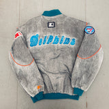 Miami Dolphins: 1990's Reverse Spellout Stone Wash Starter Bomber Jacket w/ NASA Patch (XL)
