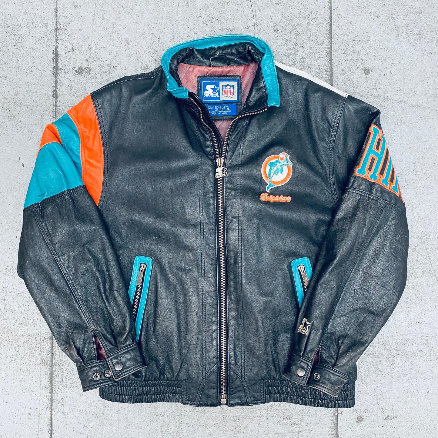 Miami Dolphins: 1990's Leather Fullzip Split Back Starter Jacket (L/XL)