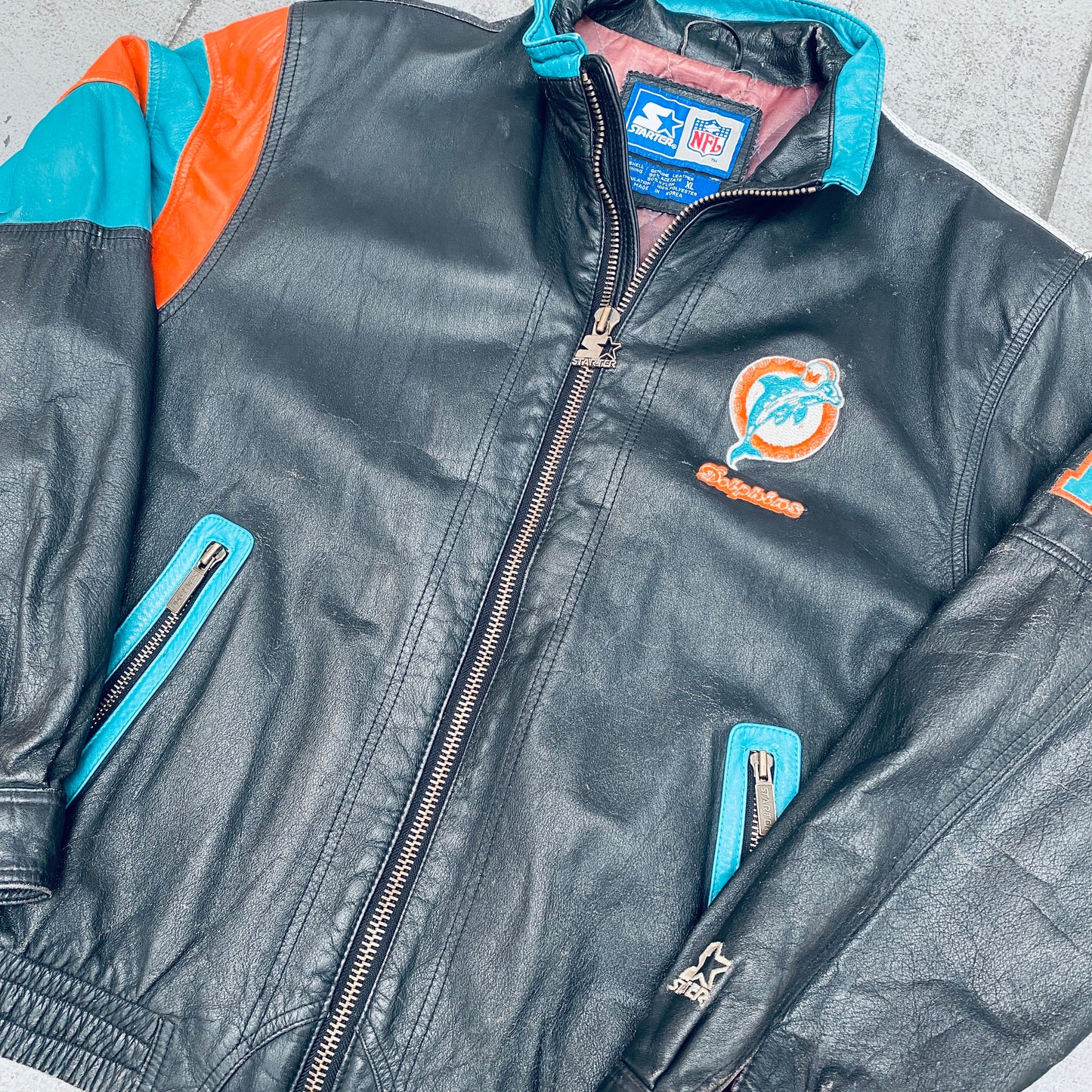 Miami Dolphins: 1990's Leather Fullzip Split Back Starter Jacket (L/XL)